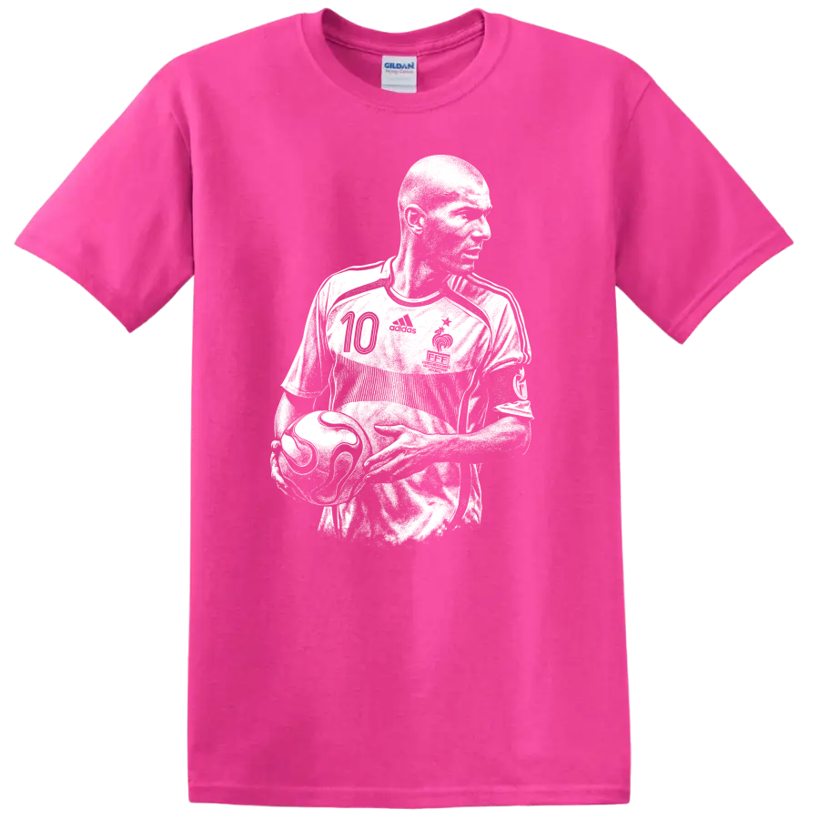Retro soccer portrait of Zinedine Zidane in bold black and white style T - Safety Pink