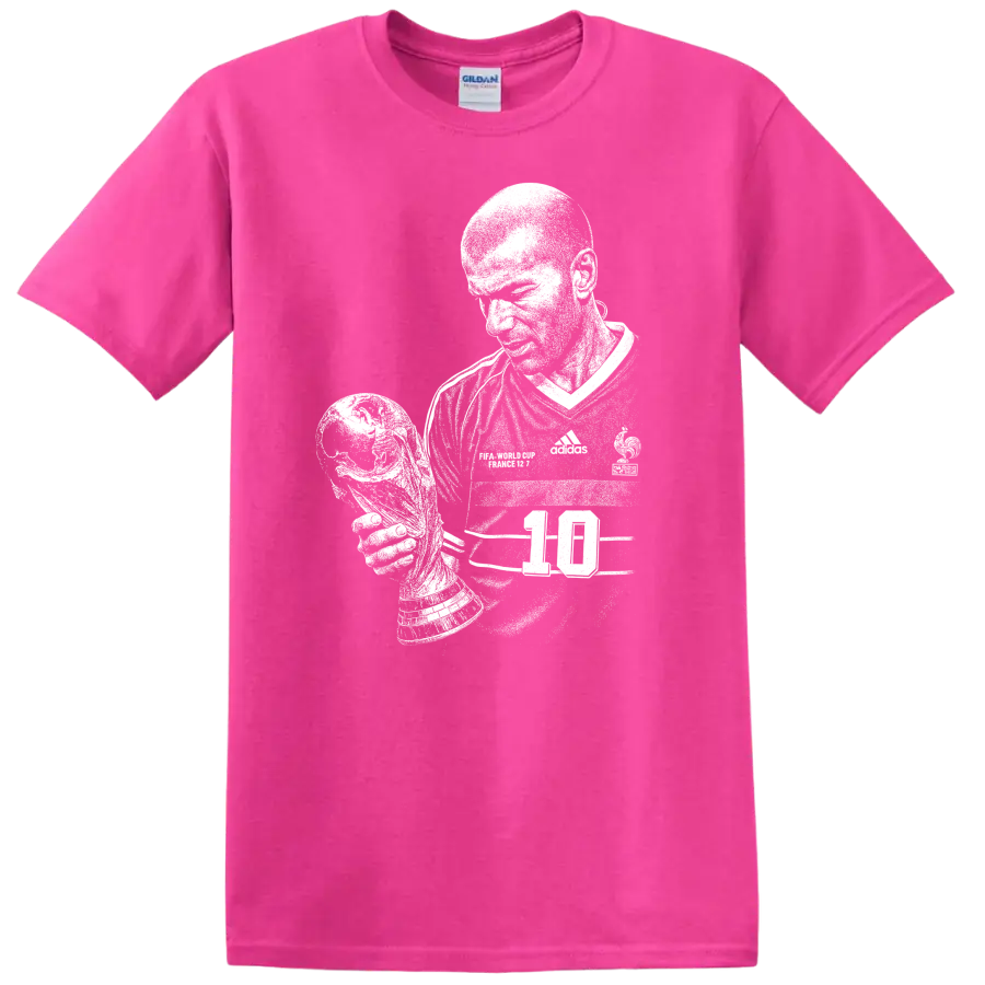 Retro black and white Zinedine Zidane soccer portrait T shirt - Safety Pink