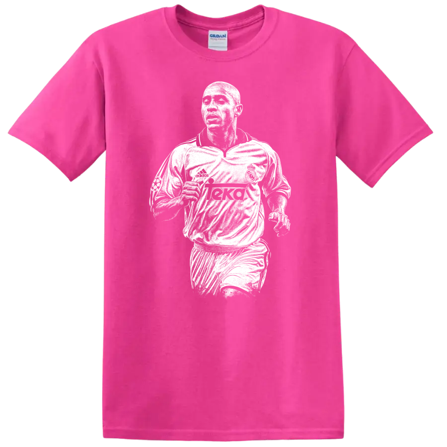 Retro soccer portrait of Roberto Carlos da Silva Rocha legend style T - Safety Pink