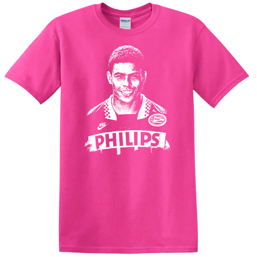 Retro soccer legend portrait design inspired by Ronaldo Nazário with bold vintage style T - Safety Pink
