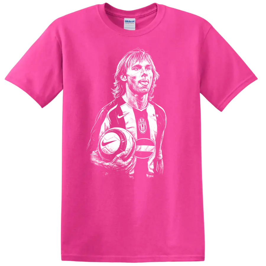 Black and white retro soccer portrait graphic T shirt featuring Pavel - Safety Pink