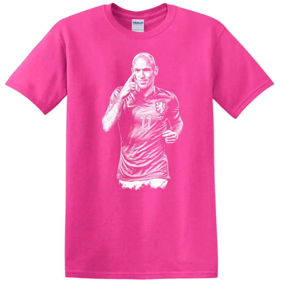Retro soccer portrait of Arjen Robben style graphic T - Safety Pink