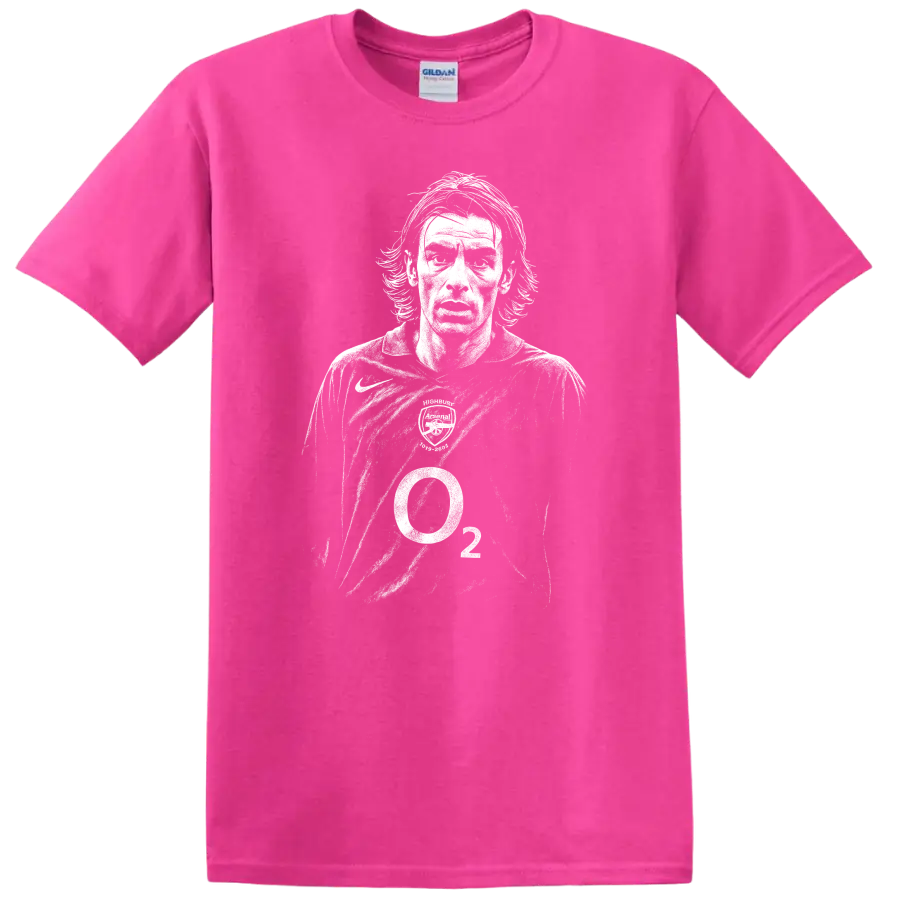 Retro soccer player portrait of Robert Pirès style in high-contrast black and white T shirt - Safety Pink