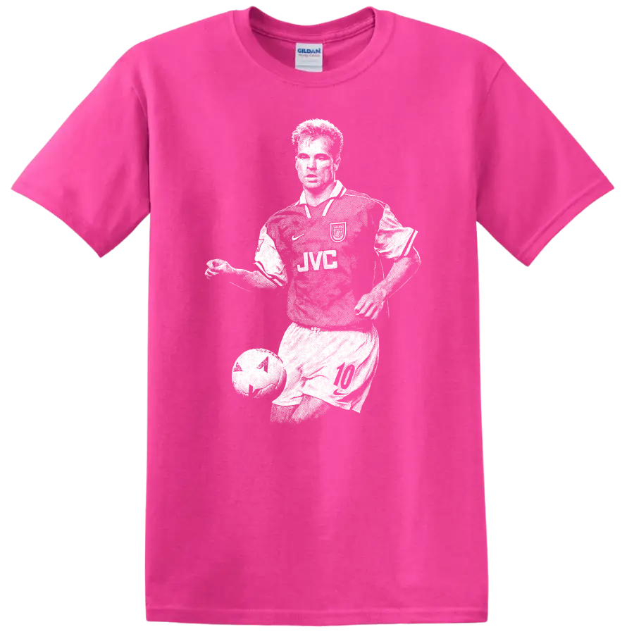 Retro soccer player portrait of Dennis Bergkamp on T - Safety Pink