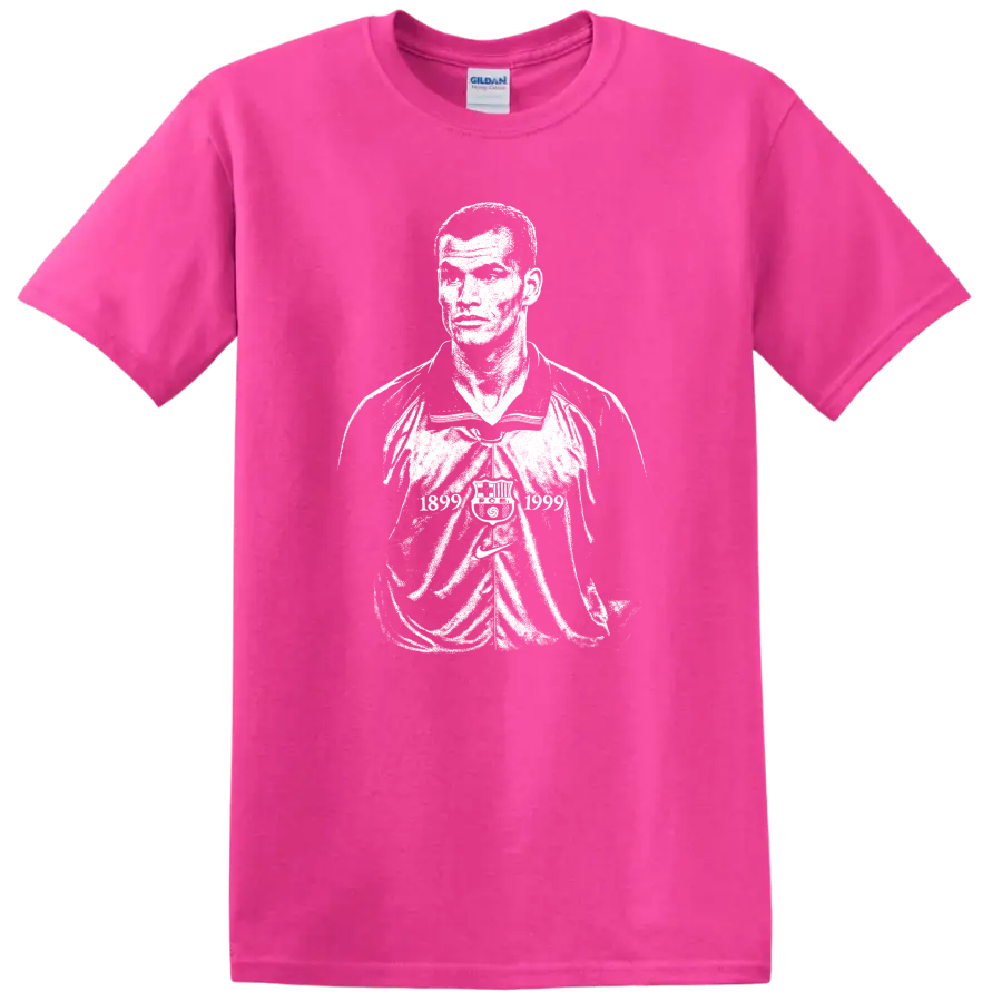 Retro black and white Rivaldo soccer portrait graphic T - Safety Pink