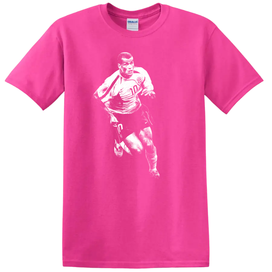 Retro Ronaldo Nazário soccer player silhouette portrait T - Safety Pink