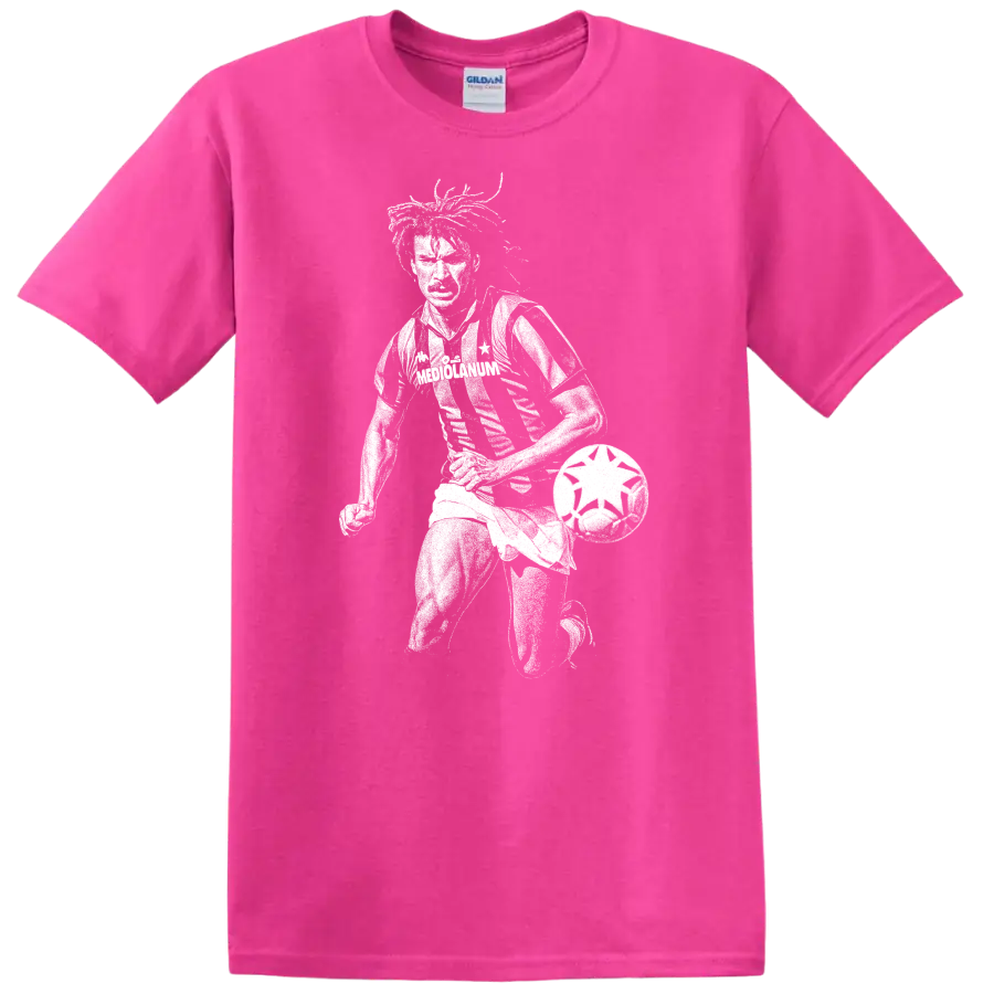 Retro black-and-white Ruud Gullit soccer portrait silhouette T - Safety Pink