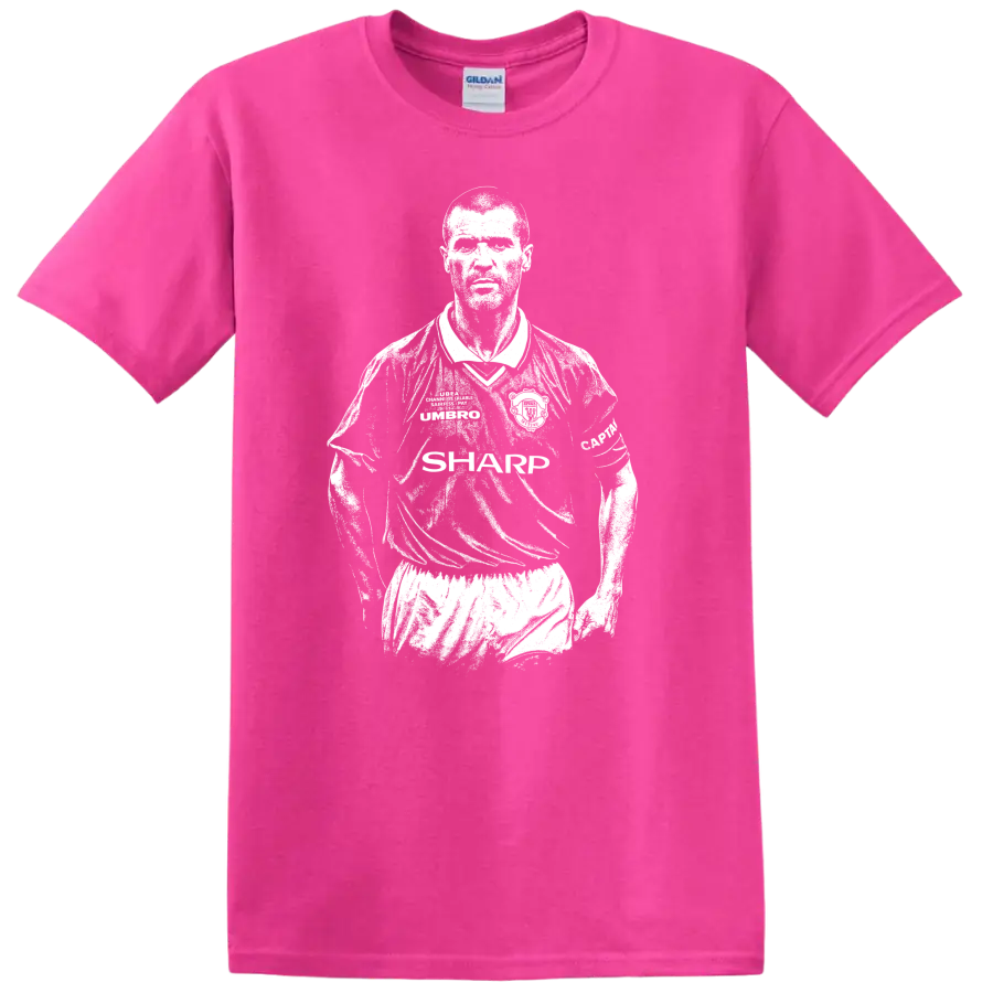 Black and white retro soccer portrait of Roy Keane style T - Safety Pink