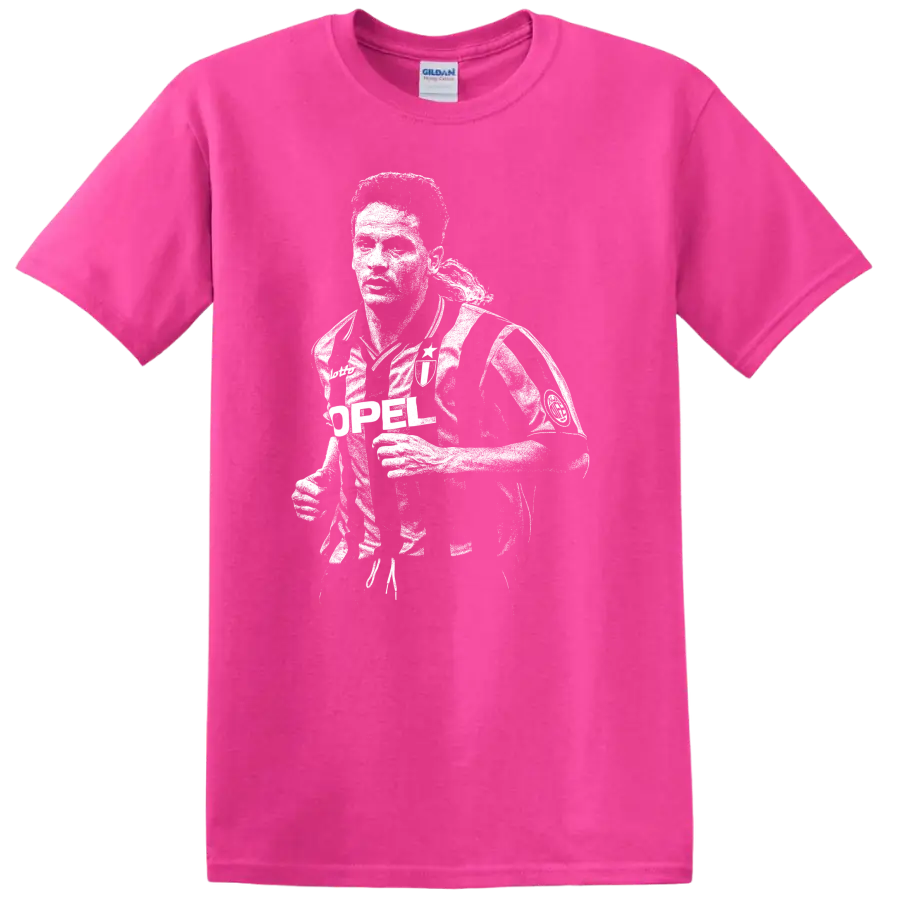 Black and white retro soccer portrait of Roberto Baggio on a T - Safety Pink