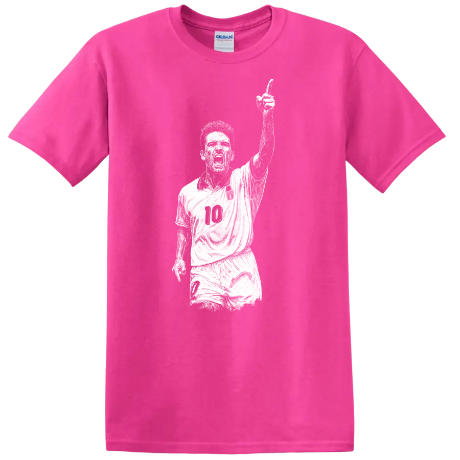Retro soccer legend portrait of Roberto Baggio in bold black and white T Shirt - Safety Pink