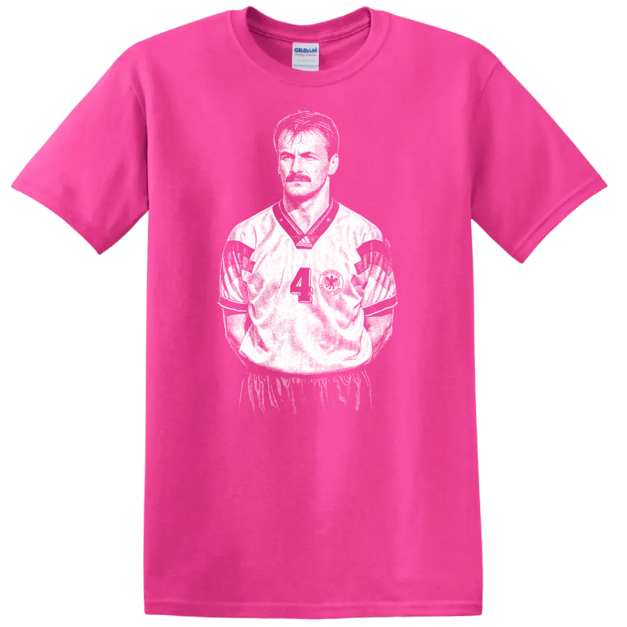 Retro soccer legend portrait style graphic featuring Jürgen Kohler on a T - Safety Pink