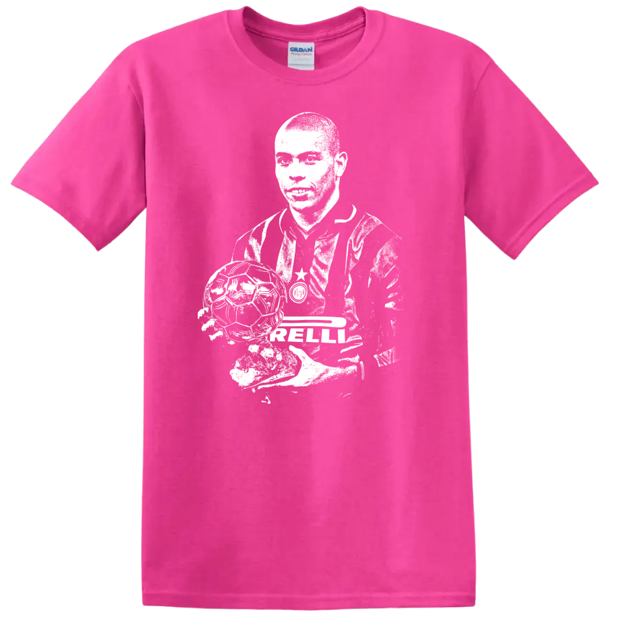 Retro soccer portrait graphic inspired by Ronaldo Nazário on a T - Safety Pink
