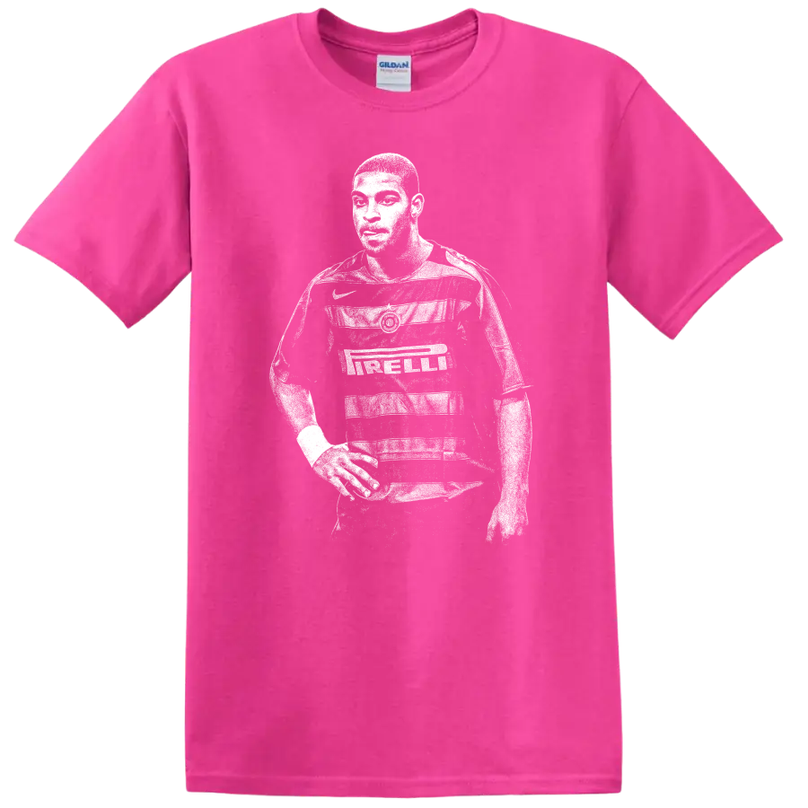 Retro soccer player portrait of Adriano Leite Ribeiro in black and white T shirt - Safety Pink