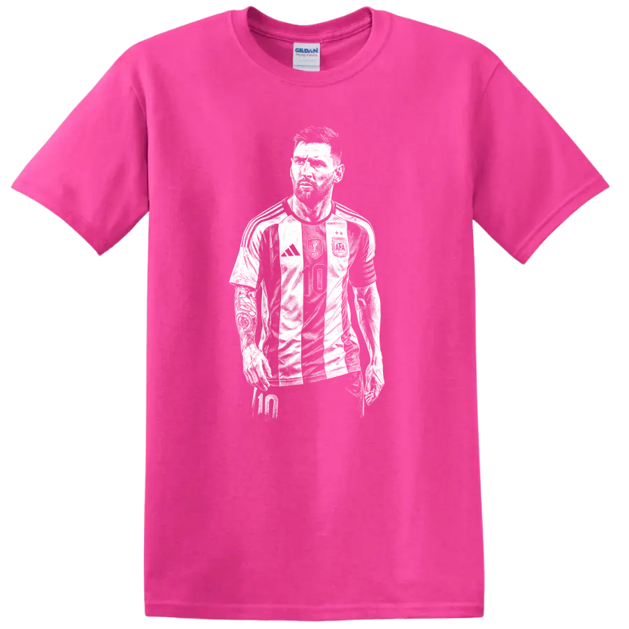 Retro soccer Lionel Messi portrait legend style T - Safety Pink
