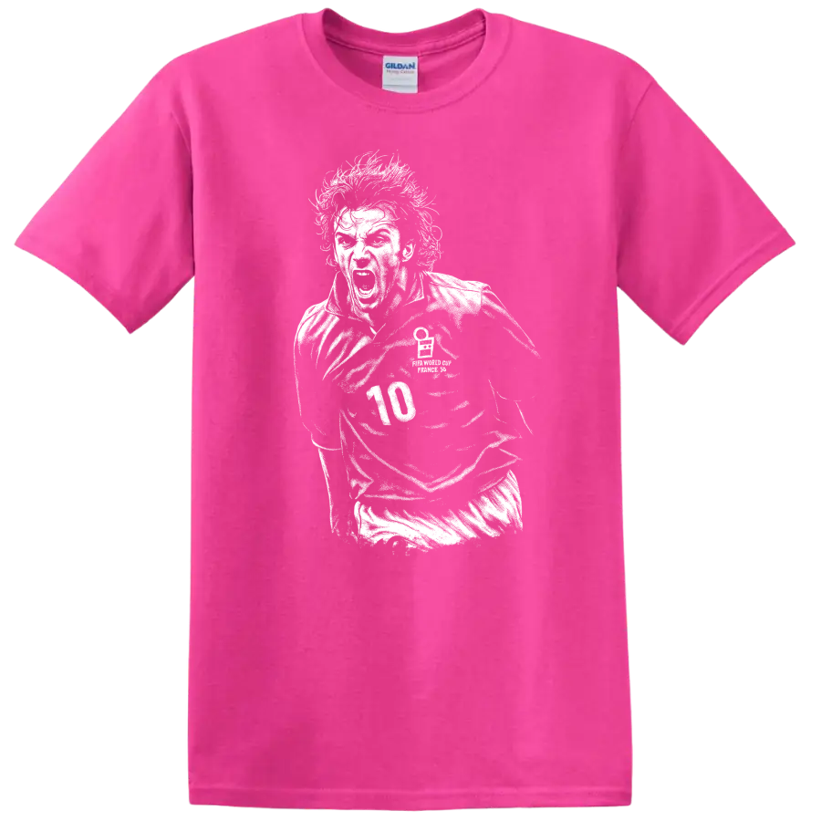 Black and white retro soccer portrait of Alessandro Del Piero style T-shirt - Safety Pink