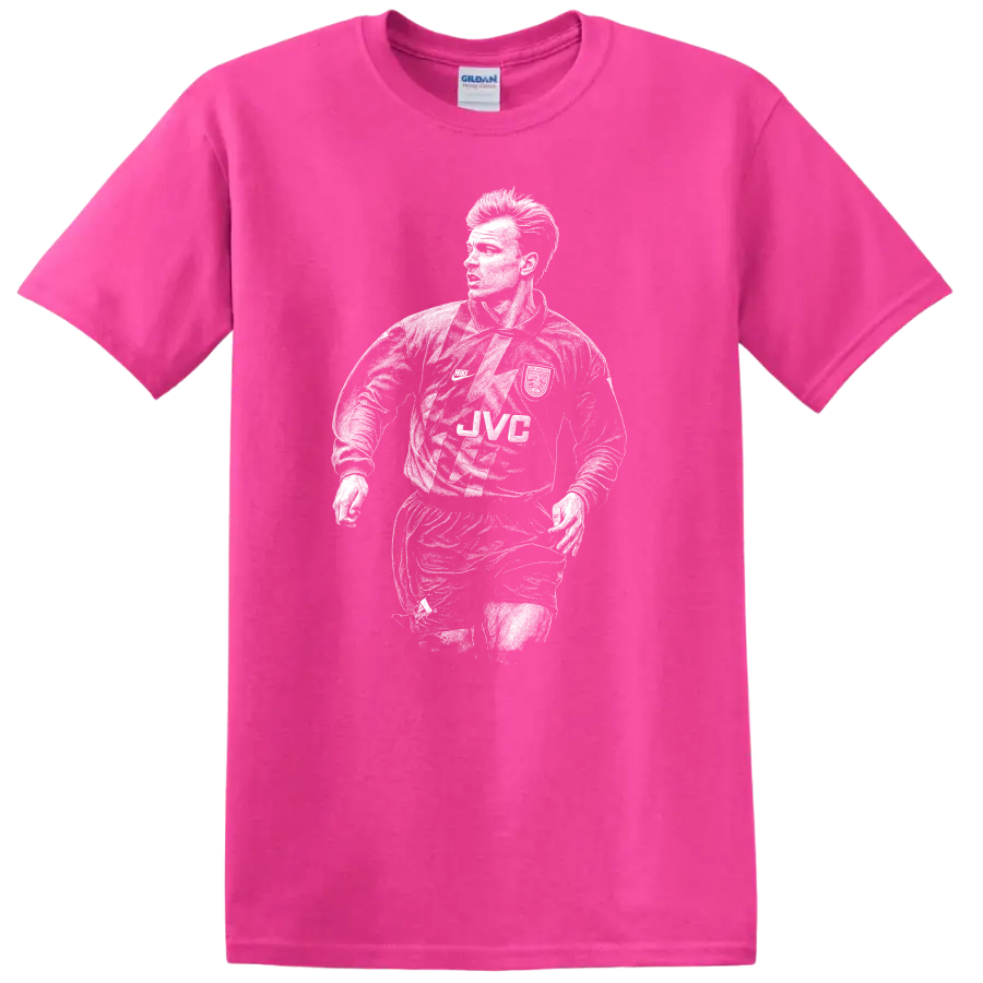 Retro soccer portrait of Dennis Bergkamp legend style T - Safety Pink