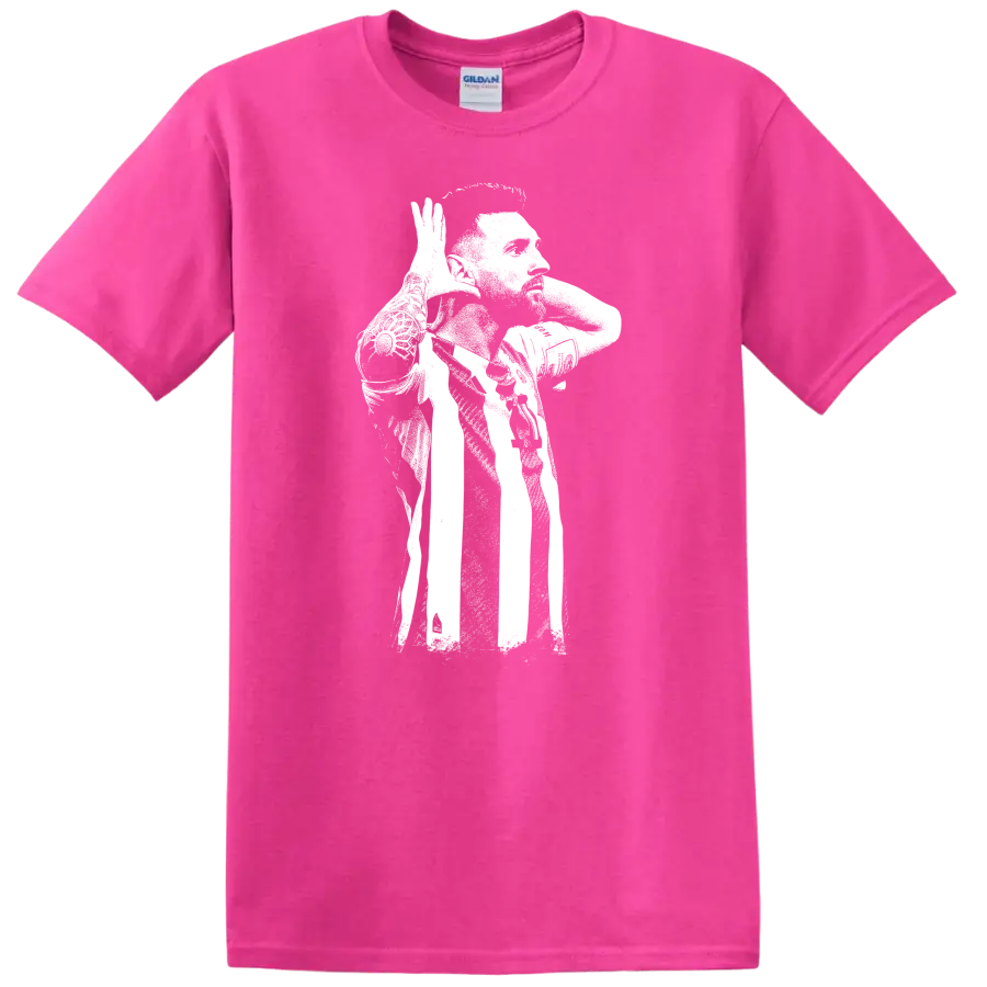 High-contrast retro soccer portrait of Lionel Messi style graphic - Safety Pink