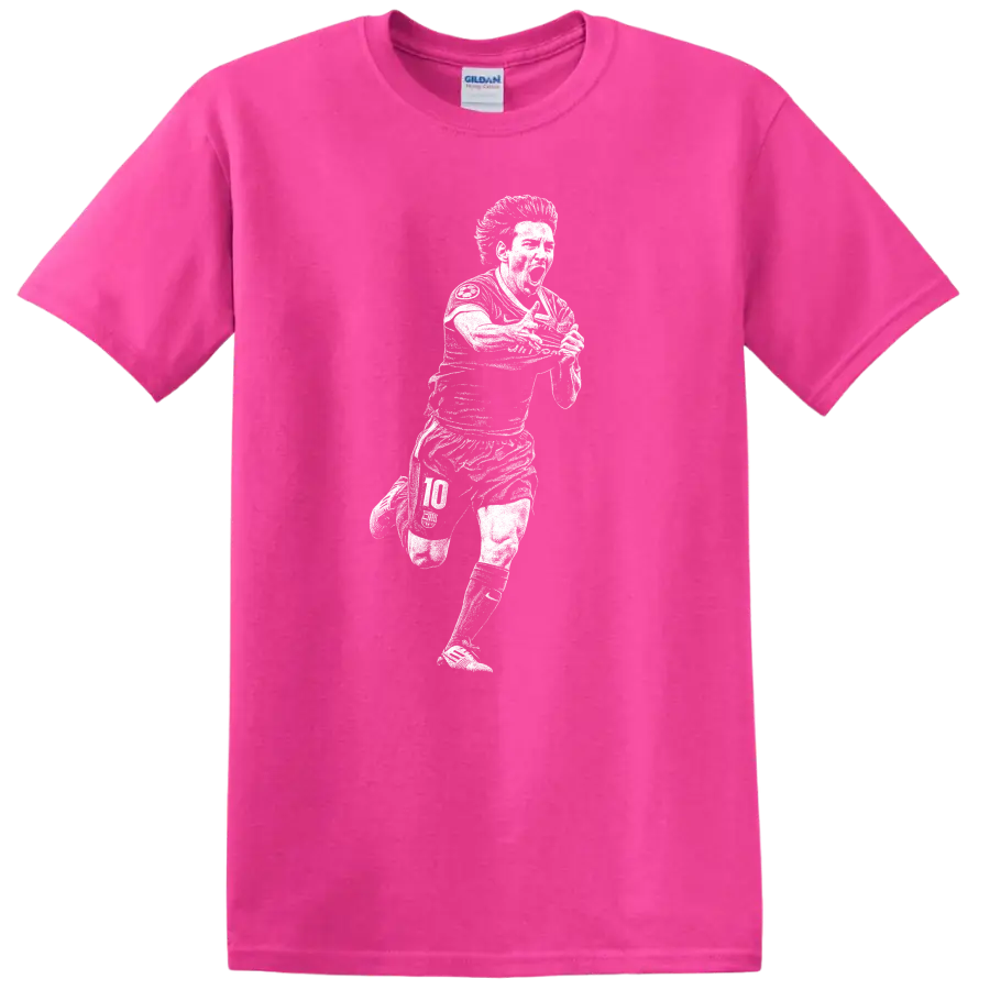 Retro soccer portrait of Lionel Messi legend style T - Safety Pink