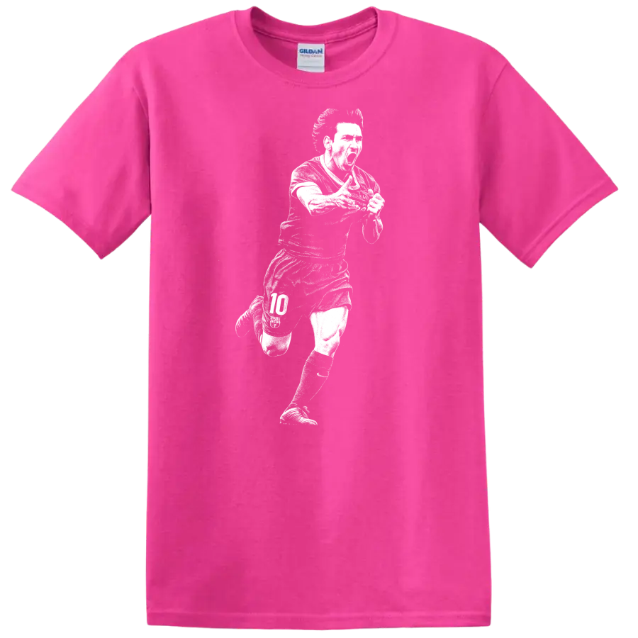 Retro soccer portrait of Lionel Messi in black and white on a - Safety Pink