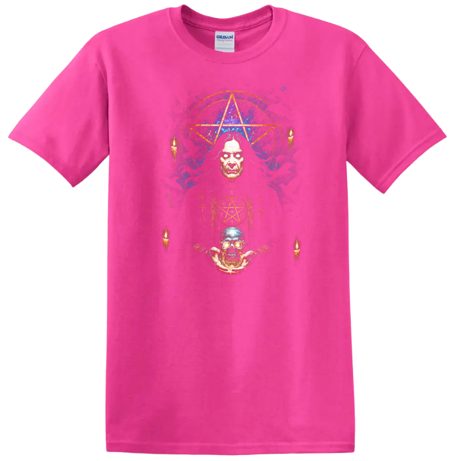 Heavy Metal Occult Legend Skull T Shirt Retro Rock Album Cover Style - Safety Pink