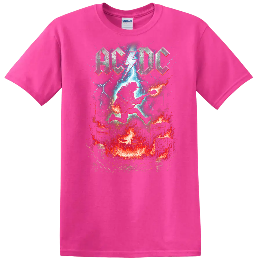 AC DC Retro Rock Lightning Guitar Heavy Metal T Shirt - Safety Pink