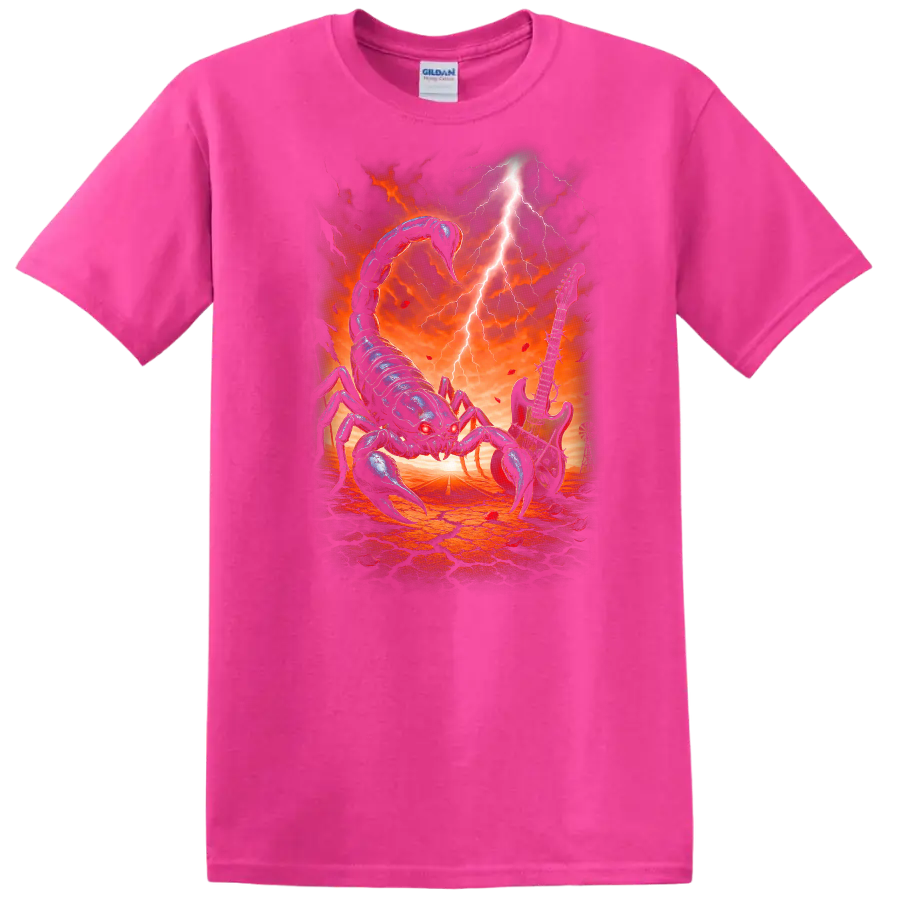 Heavy Metal Scorpion Guitar Retro Rock Band Album Art T Shirt - Safety Pink