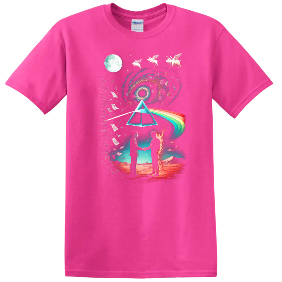 Retro Rock Cosmic Prism Heavy Metal Album Cover T Shirt - Safety Pink