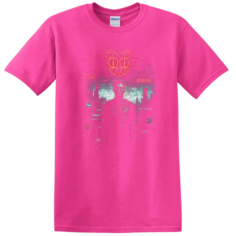 Retro Glitch Heavy Metal Album Cover Style T Shirt - Safety Pink