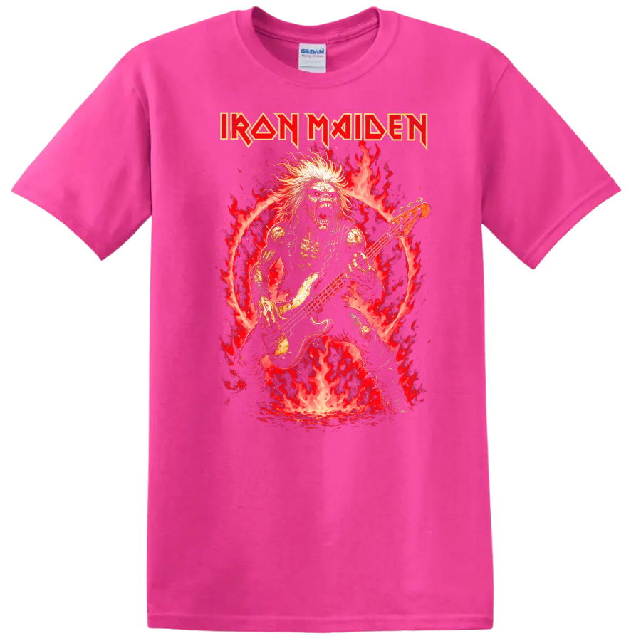 Iron Maiden Heavy Metal Album Cover Flame Bassist T Shirt - Safety Pink
