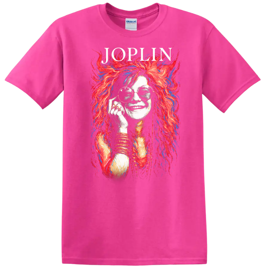 Joplin Retro Rock Heavy Metal Album Style Portrait T Shirt - Safety Pink