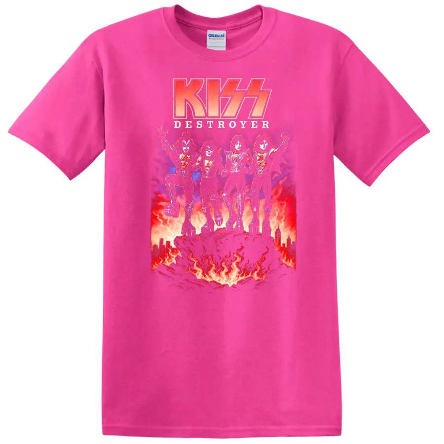 KISS Destroyer Retro Heavy Metal Album Cover Legend Style T Shirt - Safety Pink