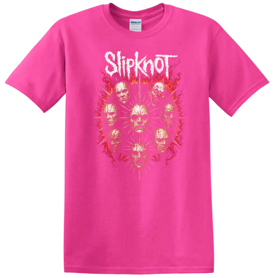 Retro Metal Skull Masks Heavy Rock Album Art T Shirt - Safety Pink