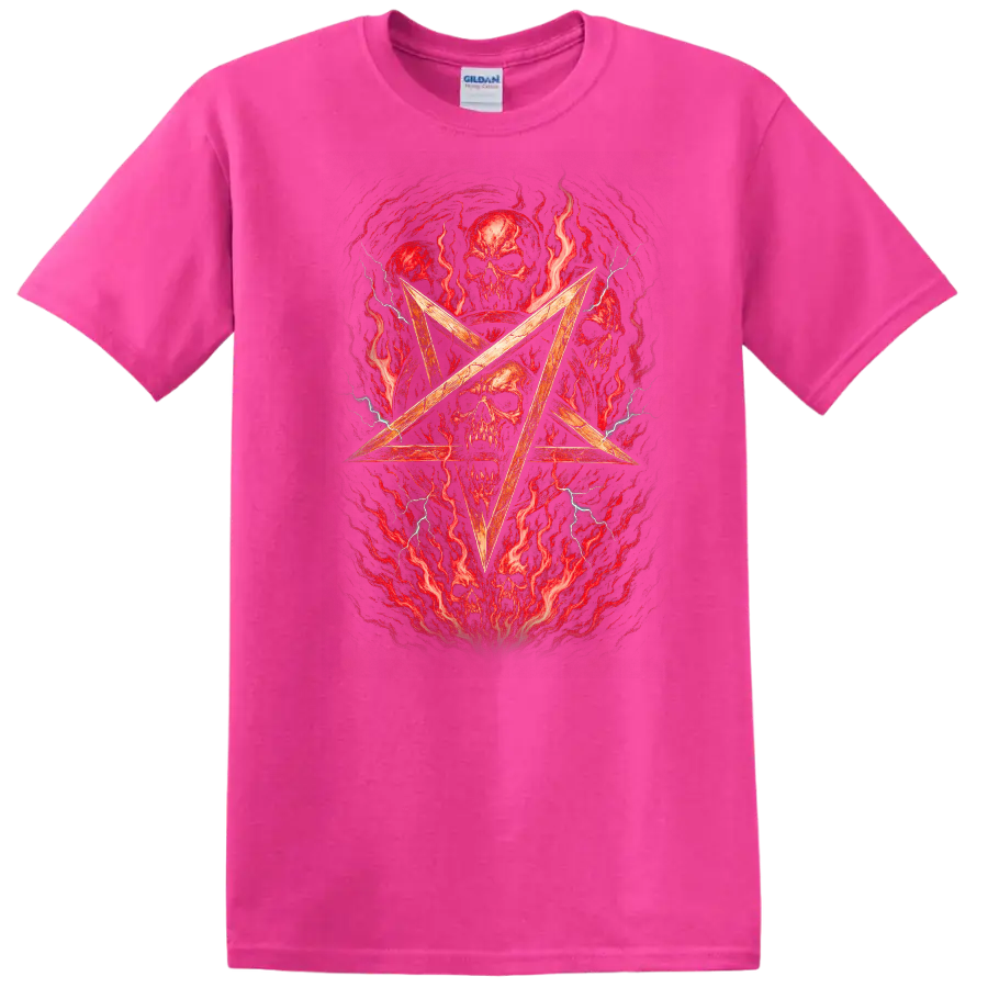 Retro Heavy Metal Skull Pentagram Album Cover Style T Shirt - Safety Pink