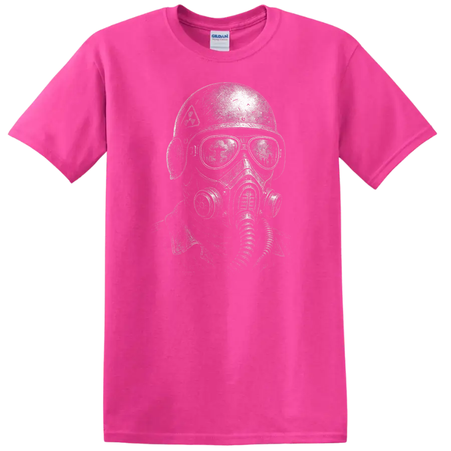 Retro Heavy Metal Gas Mask Skull T Shirt Vintage Rock Album Cover Style - Safety Pink