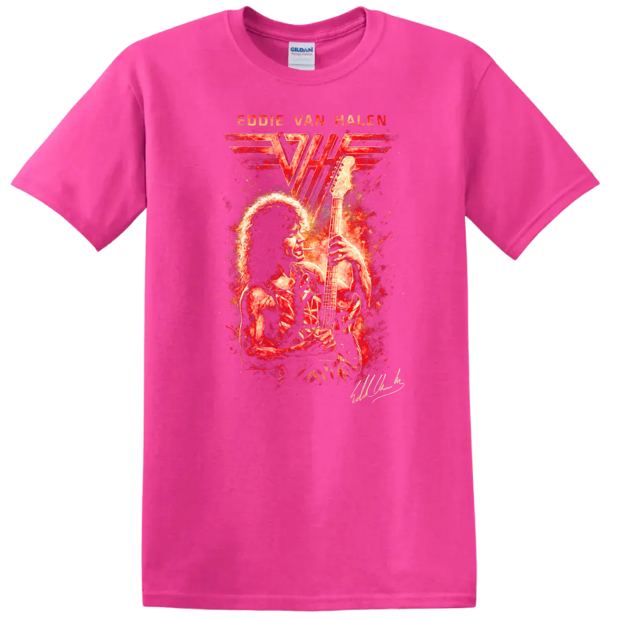 Eddie Van Halen Retro Rock Heavy Metal Album Art T Shirt - Safety Pink