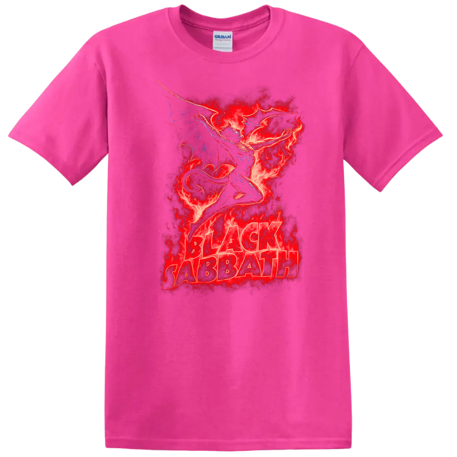 Black Sabbath Retro Heavy Metal Dragon Flames Album Cover T Shirt - Safety Pink
