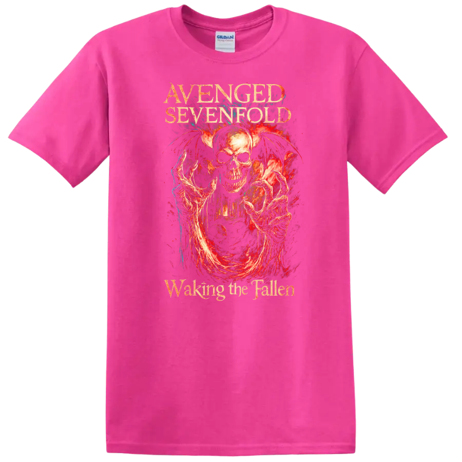 Avenged Sevenfold Retro Heavy Metal Skull Album Art T Shirt - Safety Pink