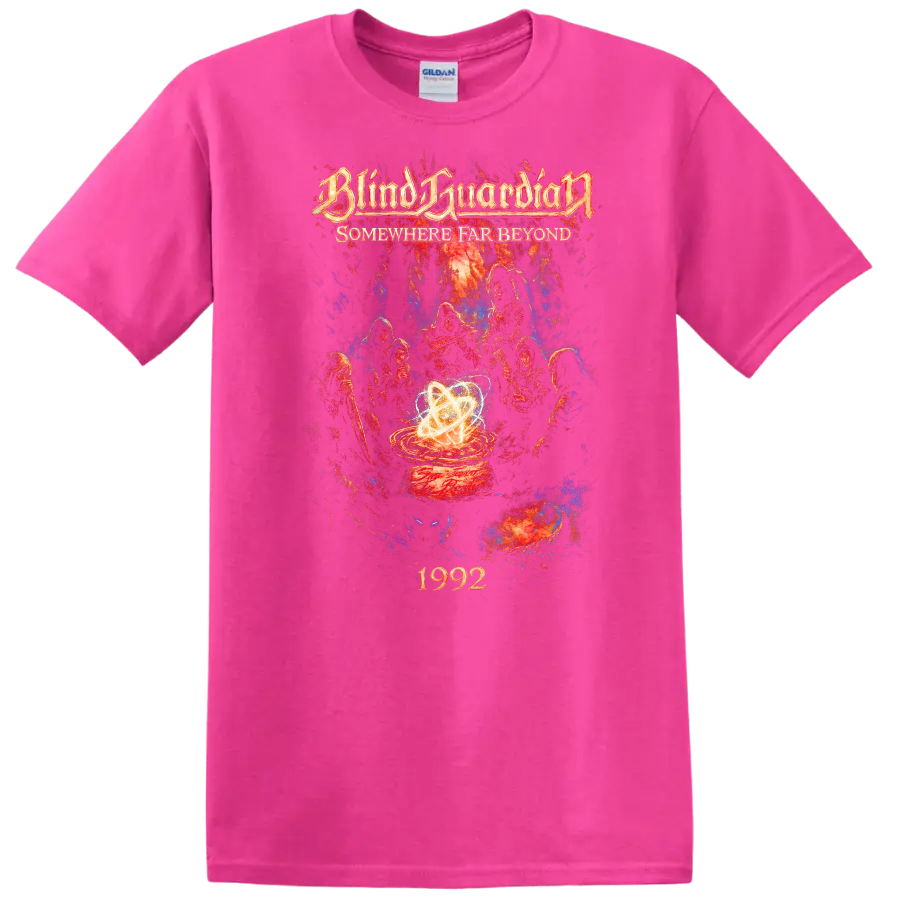 Blind Guardian Somewhere Far Beyond Retro Heavy Metal T Shirt 1992 Album Art - Safety Pink