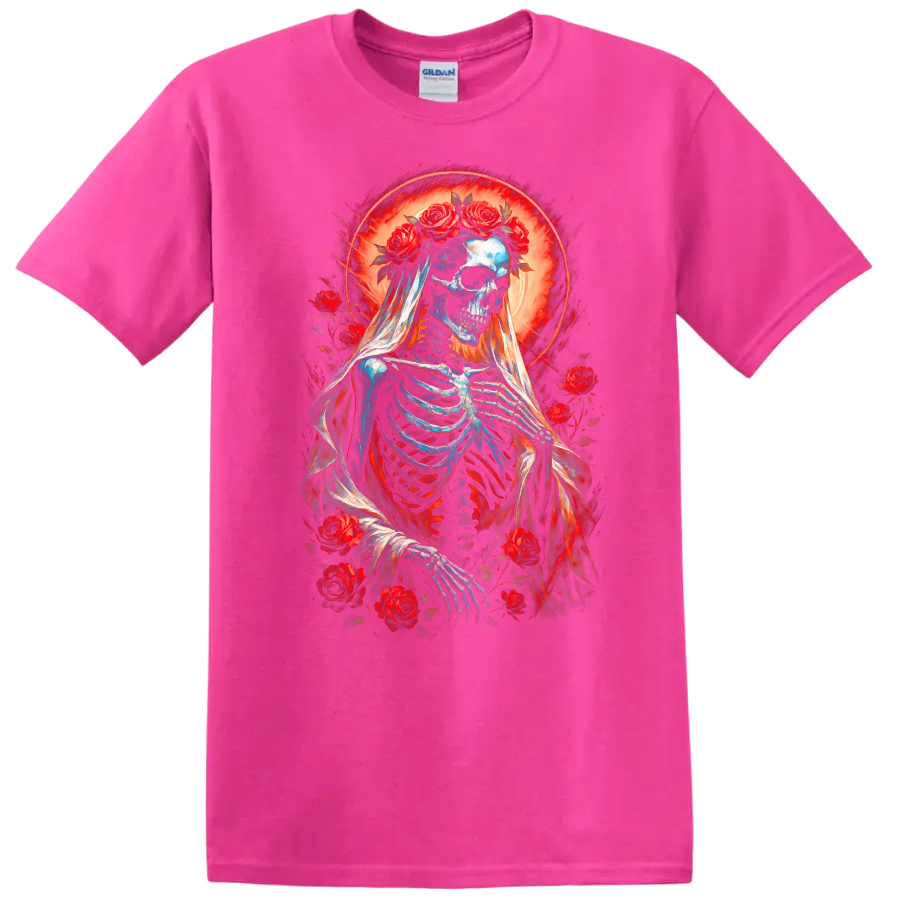 Vintage gothic skeleton bride in a veil with red roses and glowing red halo on a Safety Pink T Shirt