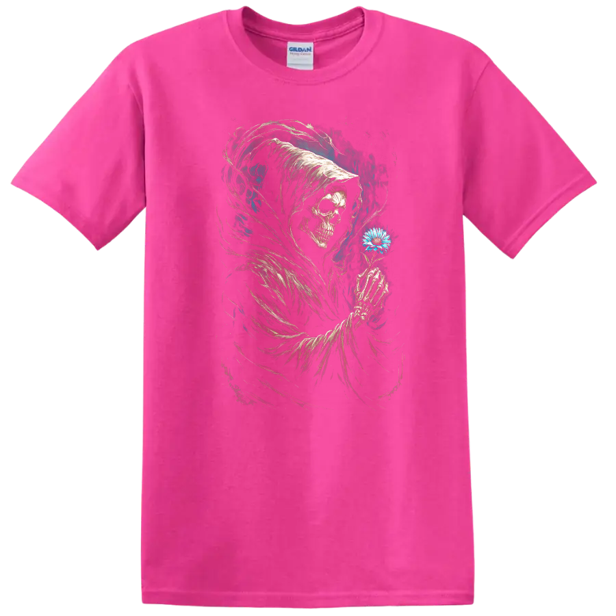 Hooded Grim Reaper skull holding blue flower in vintage gothic dark art on a Safety Pink T Shirt