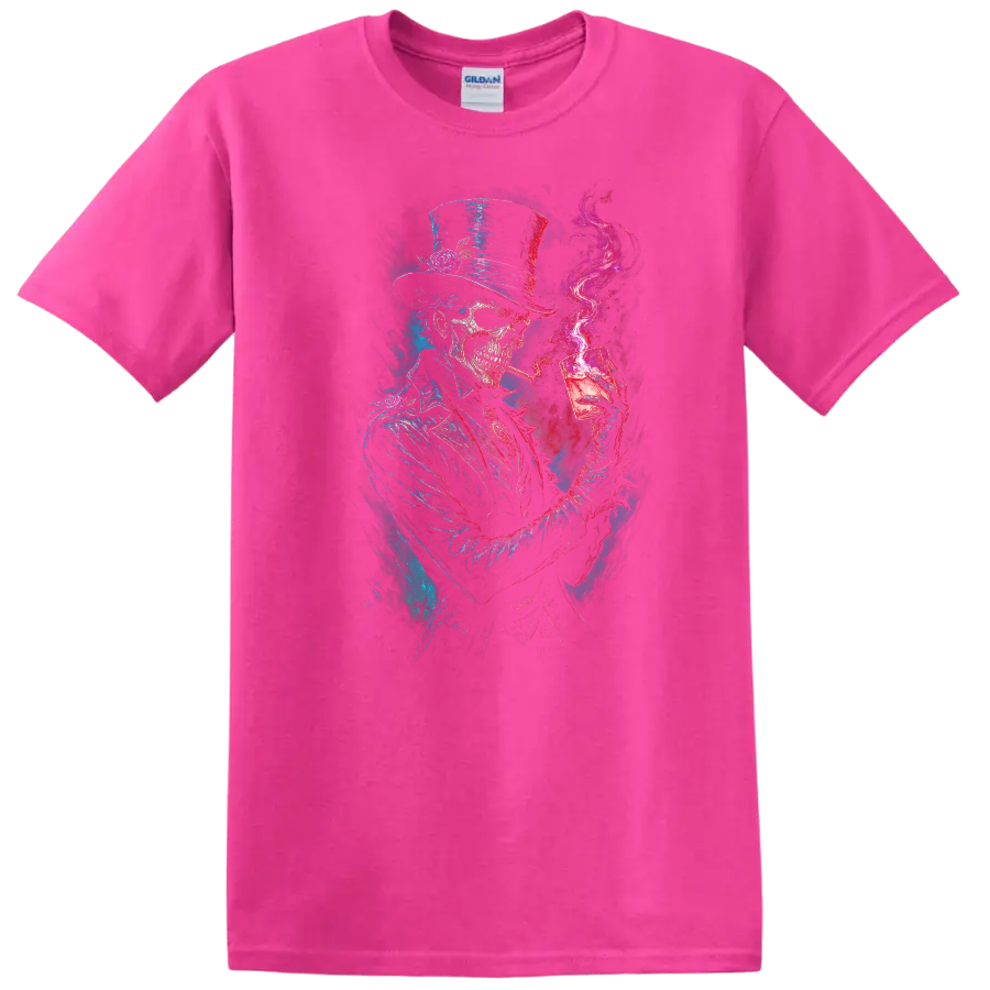 Gothic top-hat skeleton with cocktail glass, magenta smoke, and distressed skull art on a Safety Pink T Shirt