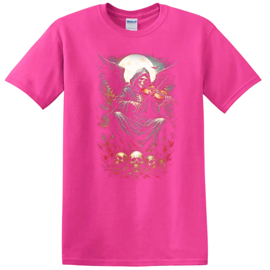 Vintage gothic Grim Reaper playing violin beneath moon with skulls and fiery accents on a Safety Pink T Shirt
