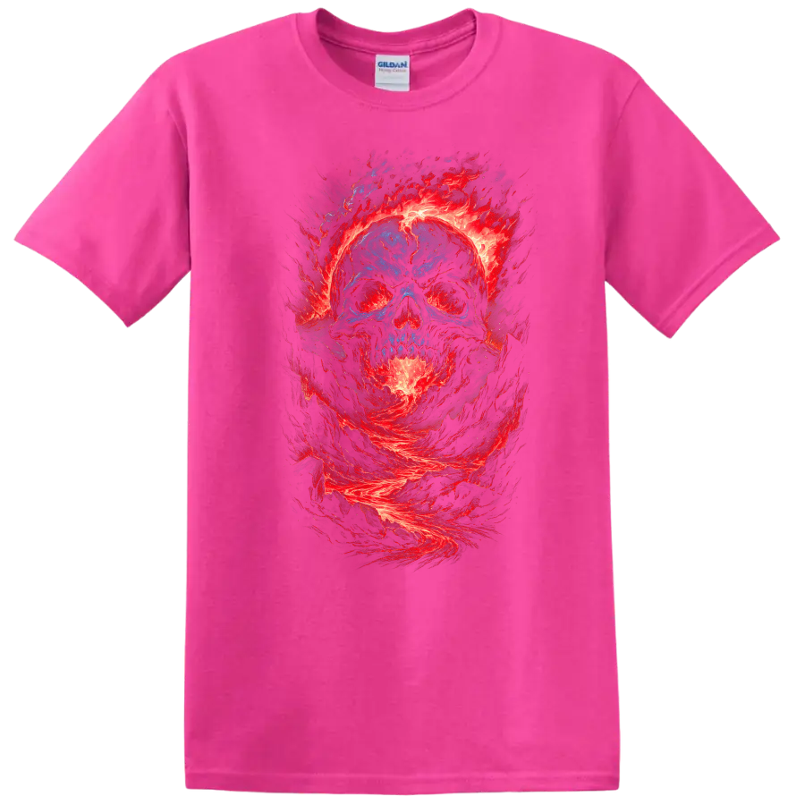 Distressed blue skull surrounded by swirling red flames in gothic horror art on a Safety Pink T Shirt