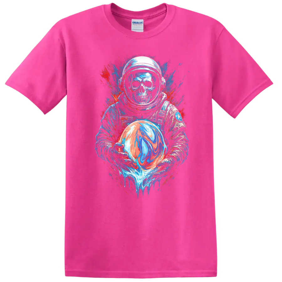 Gothic skull astronaut holding a swirling orb in neon space splatter art on a Safety Pink T Shirt