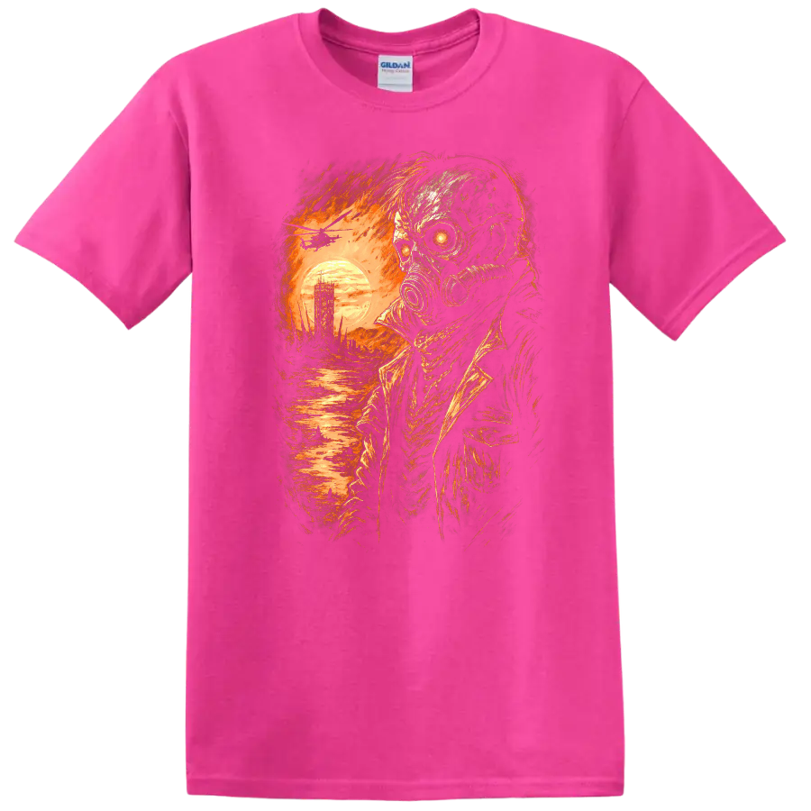 Distressed gothic gas mask skull survivor with fiery sunset and ruined landscape on a Safety Pink T Shirt