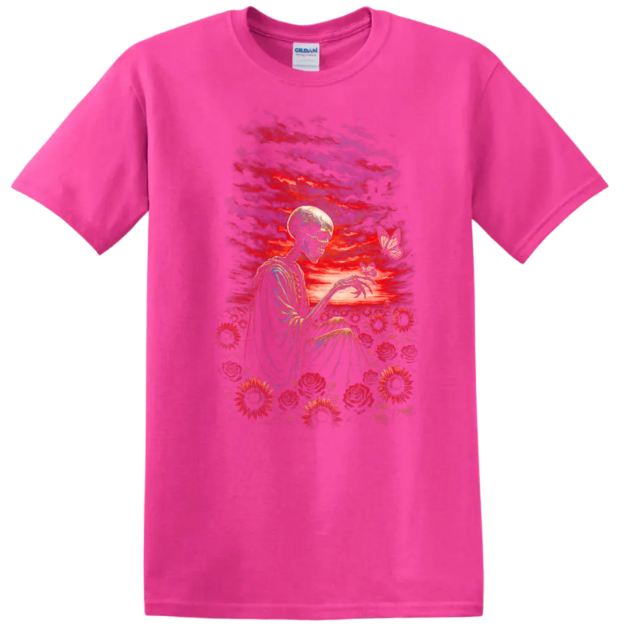 Vintage-style skeleton with red roses, flowers, butterflies, and a dramatic sky on a Safety Pink T Shirt