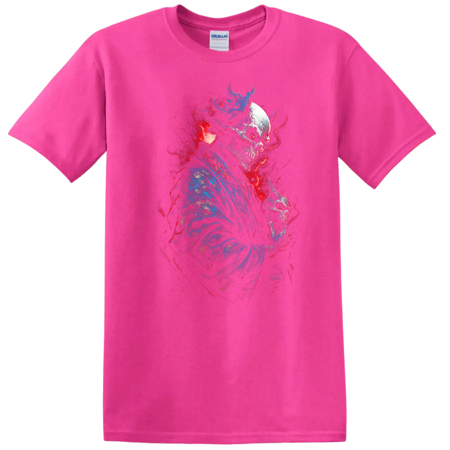 Crowned skeleton in blue robes holding a skull amid red and blue gothic splatter on a Safety Pink T Shirt