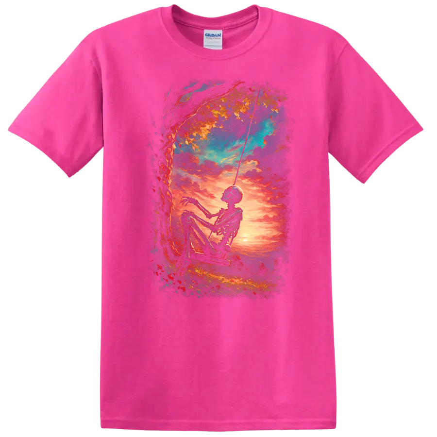 Vintage gothic skeleton on a swing beneath a tree at a vivid sunset on a Safety Pink T Shirt