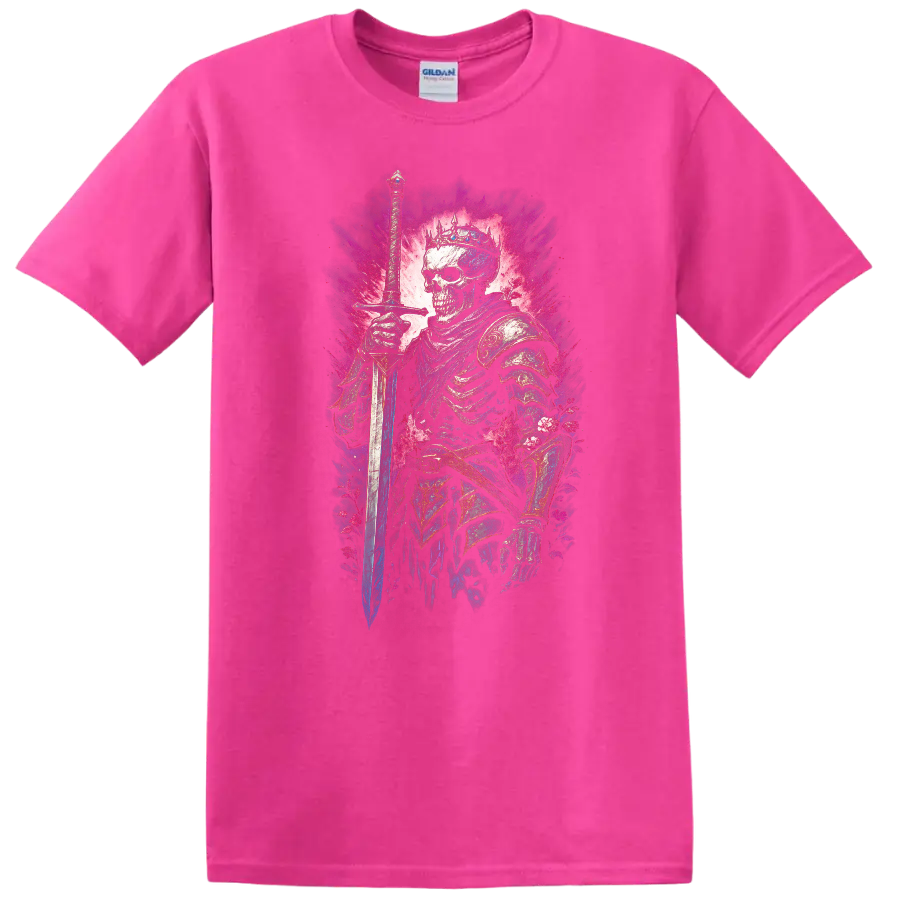 Crowned skeleton warrior with sword, ornate armor, and vivid floral gothic artwork on a Safety Pink T Shirt