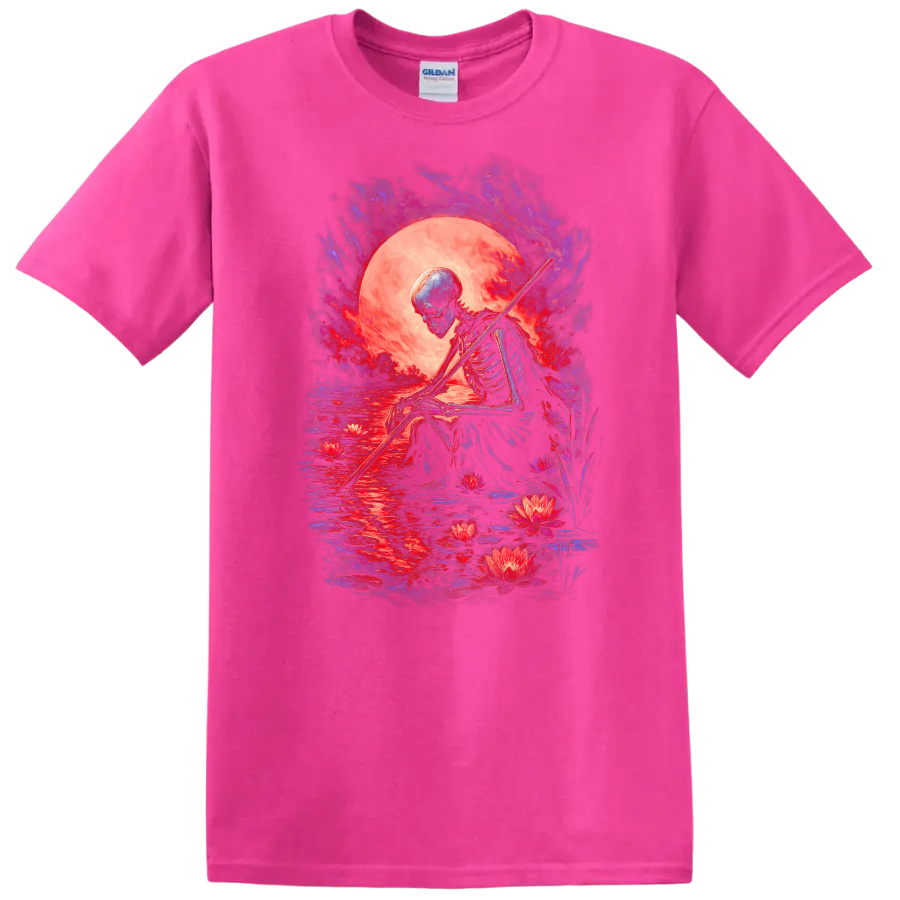 Moonlit skeleton with staff, lotus flowers, reflective water, and gothic full moon art on a Safety Pink T Shirt